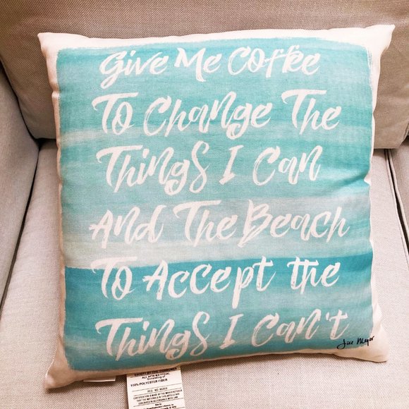 MWW, 18” x 18” Blue and White Beach Theme Throw Pillow “Give Me Coffee” - Picture 1 of 3